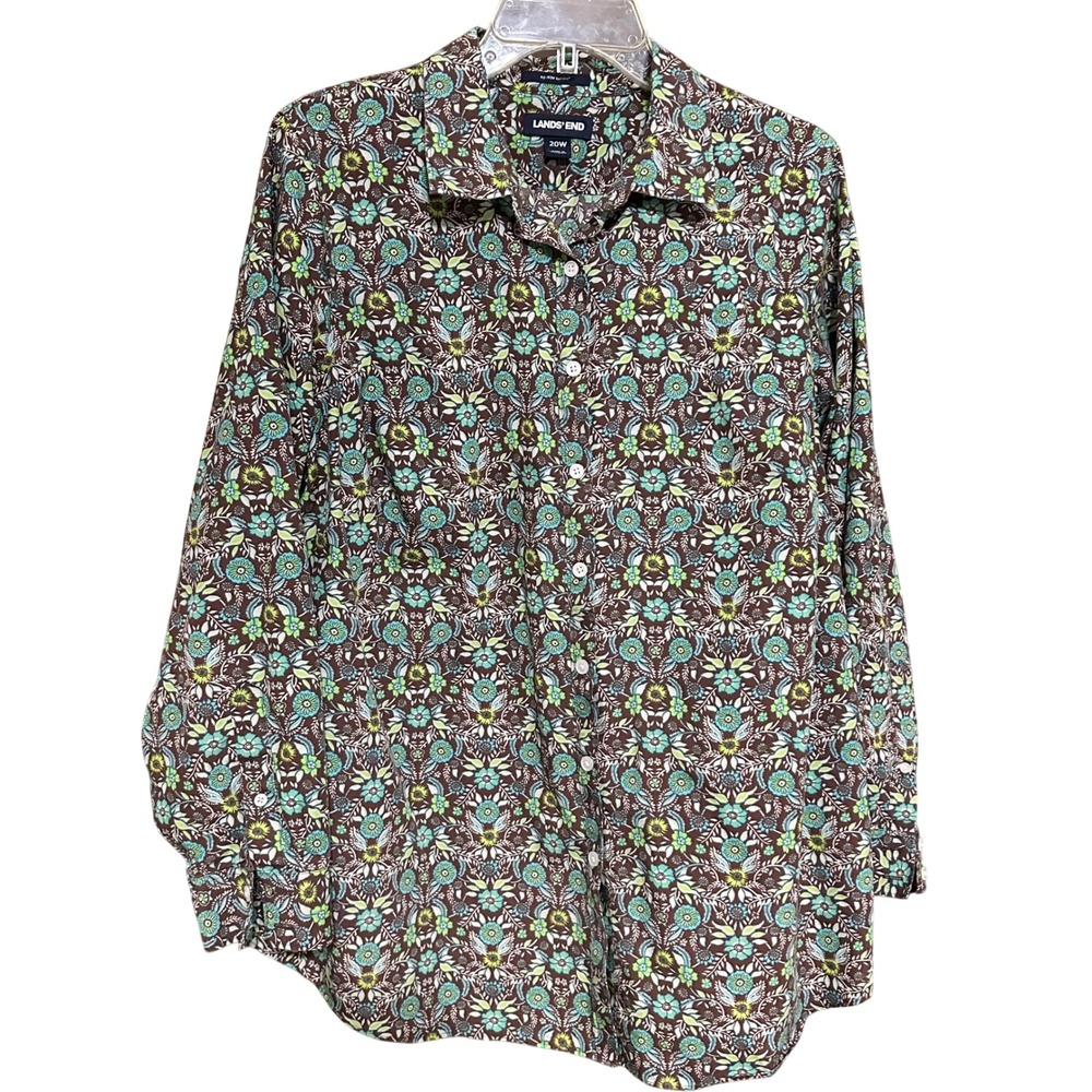 Lands End Womens 20W No Iron Supima Floral‎ Print Button Down Shirt Brown Green